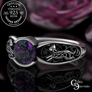 Alexandrite Cats Engagement, Sterling Cat Wedding Ring, Silver Kitten Bezel Ring, Diamond Kitty Cat Proposal Ring, Woman Marriage Vow, 3264
