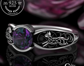 Alexandrite Cats Engagement, Sterling Cat Wedding Ring, Silver Kitten Bezel Ring, Diamond Kitty Cat Proposal Ring, Woman Marriage Vow, 3264