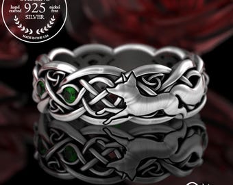 Silver Emerald Fox Ring, Womens Sterling Fox Ring, Fox Wedding Ring, Fox Wedding Band, Celtic Fox Wedding Ring, Emerald Fox Ring, 3196