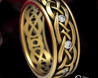 Gold & Moissanite Celtic Ring, 10K Celtic Wedding Ring, 10K Celtic Wedding Band, 10K Mens Celtic Wedding Band, Moissanite Irish Ring, 1900