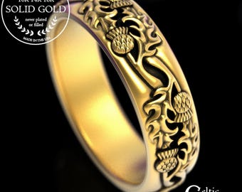 10K Thistle Ring, Gold Scottish Thistle Wedding Band, 10K Scotland Wedding Ring, 14K Thistle Celtic Ring, 14K Gold Irish Celtic Ring, 1778