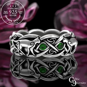 Emerald Cat Ring, Sterling CelticIrish Cat, Swirl Cat Wedding Band, Cat Lover Ring, Scottish Knotwork Ring, Emerald Ring, Feline Ring, 3097