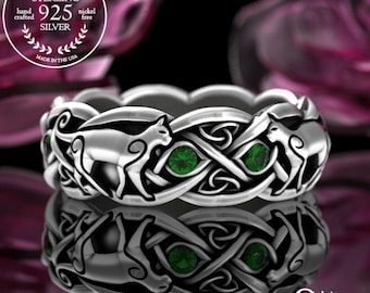 Emerald Cat Ring, Sterling CelticIrish Cat, Swirl Cat Wedding Band, Cat Lover Ring, Scottish Knotwork Ring, Emerald Ring, Feline Ring, 3097