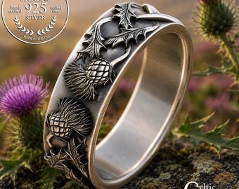 Scottish Woman's Thistle Wedding Band, Sterling Celtic Thorn Ring, Bride's Silver Irish Flower Ring, Welsh Marriage Jewelry, 2126