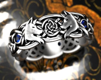 Womens Sapphire Wolf Ring, Sterling Celtic Wedding Band, Silver Sapphire Wolf Ring, Celtic Infinity Wedding Ring, Silver Knotwork Ring, 3145