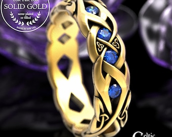 Sapphire & Gold Celtic Weave Wedding Band, Woman's Platinum Irish Ring, 14K White Gold Irish Bridal Ring, Scottish Anniversary Ring, 2138