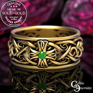 Guld herr smaragd korsring, herr 14K korsring, 10K kors vigselring, irländsk smaragd vigselring, irländsk ring, smaragd korsring, 1929 bild 1