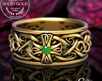 Gold Mens Emerald Cross Ring, Mens 14K Cross Ring, 10K Cross Wedding Ring, Irish Emerald Wedding Band, Irish Ring, Emerald Cross Ring, 1929