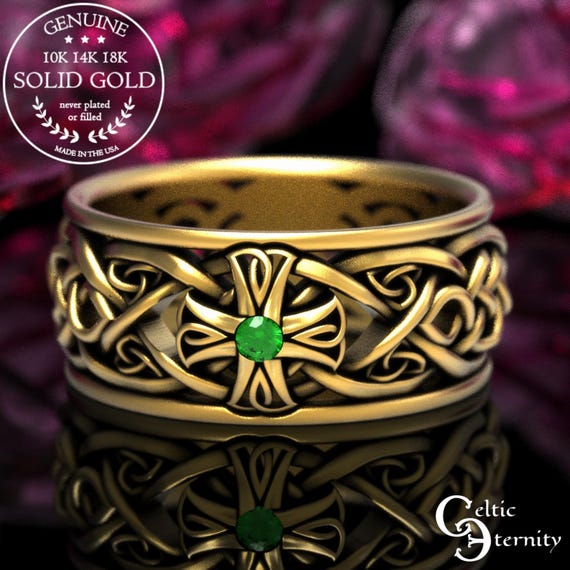 Gold Mens Emerald Cross Ring, Mens 14K Cross Ring, 10K Cross Wedding Ring, Irish Emerald Wedding Band, Irish Ring, Emerald Cross Ring, 1929
