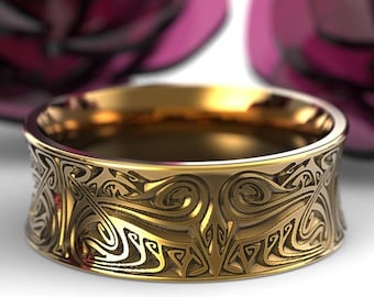 Gold Engraved Asatru Wedding Ring, 14K Ouroboros Norse Sea Serpent Ring, Men's Wide Solid Gold Viking Band, Carved Ancient Snake, 1783