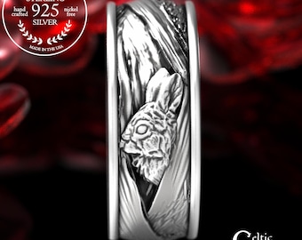 Sterling Silver Rabbit Ring, Bunny Wedding Band, Silver Hare Marriage Ring, Sterling Burrowkin Ring, Forest Lapin Union Ring, Tree Bark,1796