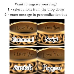 four rings with personalized messages engraved on them.