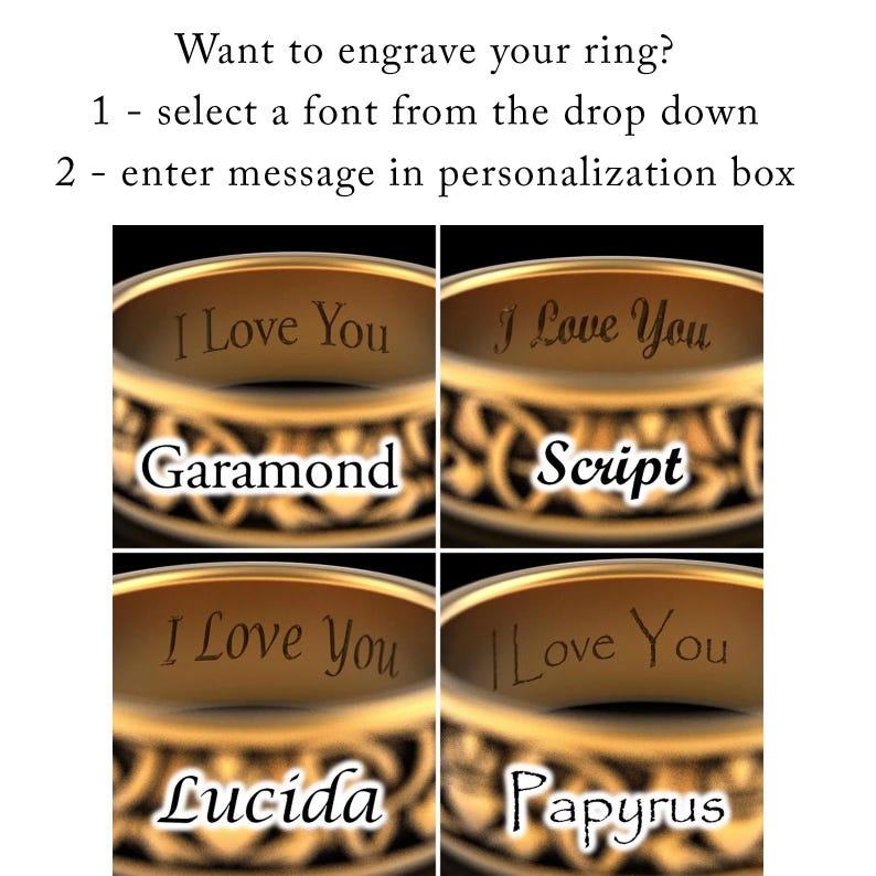 four rings with personalized messages engraved on them.