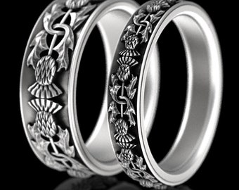 Matching Thistle Silver Rings, His Hers Scottish Rings, Matching Wedding Rings, Sterling Silver Thistle Ring Set, Scottish Thistle 1770 1771