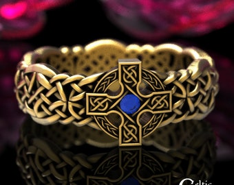 Solid Gold Sacred Cross Ring, Mens Gold Solar Cross Wedding Ring, 10K Sapphire Irish Cross Handfasting Ring, Gold Celtic Sun Cross Ring 1930