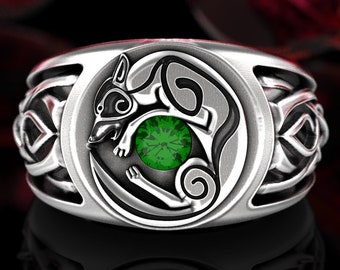 Wolf Signet Ring, Emerald & Sterling, Mens Celtic Signet Ring, Mens Silver Celtic Ring, Mens Wolf Ring, Mens Silver Signet Ring, 1354
