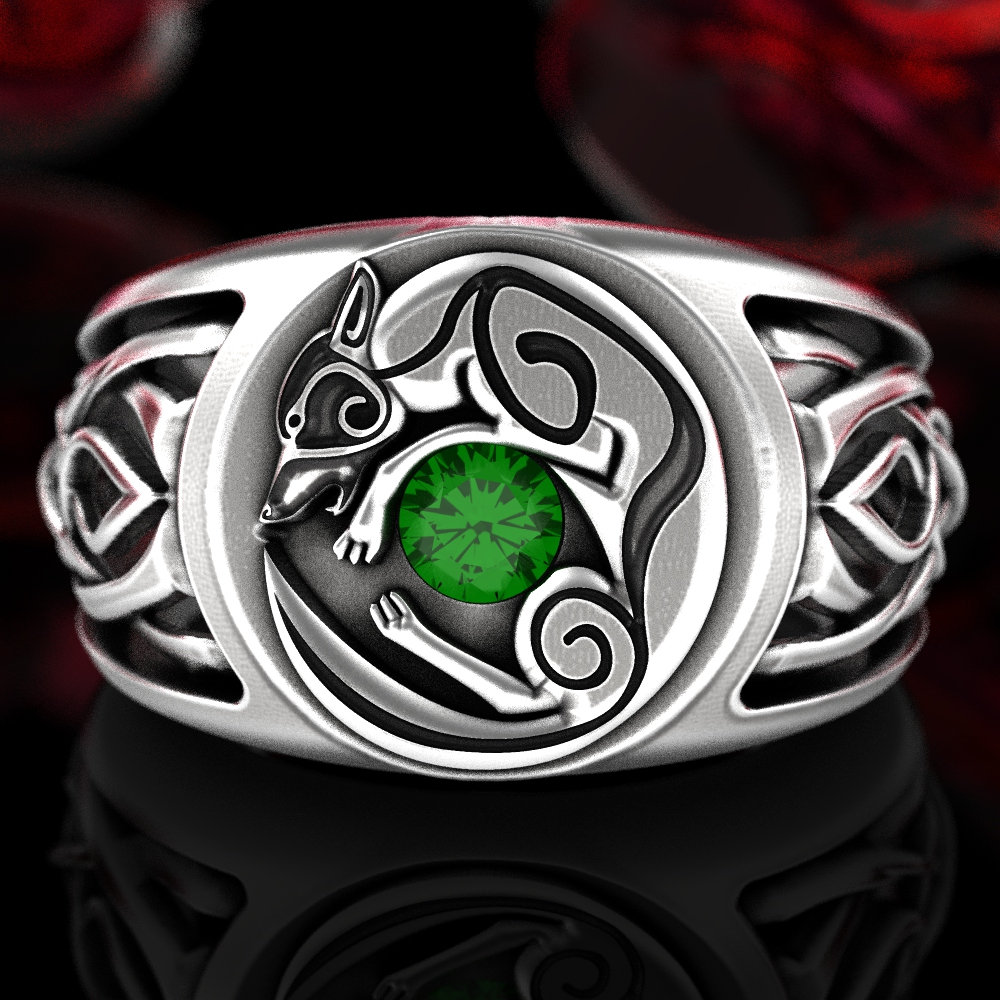 Wolf Signet Ring Emerald Sterling Mens Celtic Signet Ring
