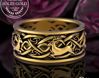 10K Gold Deer Ring, Mens Gold Stag Buck Antler Ring, 14K Gold Celtic Deer Wedding Band, White Gold Deer Ring, Platinum Forest Ring, 3126