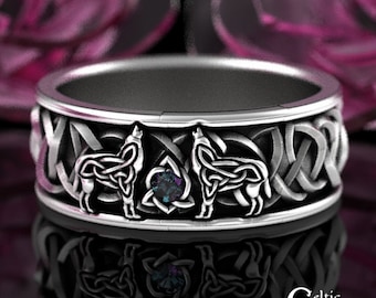 Alexandrite Wolf Wedding Ring, Sterling Nordic Wedding Band, Alexandrite Knotwork Ring, Silver Viking Wolves Ring, Men Celtic Wolf Ring,1703