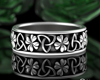 Irish Trinity & 4 Leaf Clover Ring, Sterling Celtic Clover Wedding Band, Silver Shamrock Wedding Ring, Luck of the Irish Botanical Ring 3168