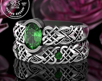 Celtic Emerald Bridal Ring Set, Sterling Matching Pair Wedding Band, Silver Irish Engagement Ring Set, Womens Heart Knotwork Ring, 3018 3017