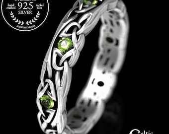 Narrow Peridot Wedding Ring, Sterling Celtic Wedding Band, Peridot Womens Ring, Celtic Knotwork Ring, Delicate Wedding Ring, Thin Ring, 1467
