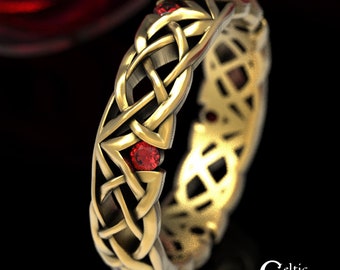 Thin Gold Wedding Ring, Ruby Wedding Band, Celtic Wedding Band, Platinum Celtic Ring, Ruby Celtic Ring, Narrow Gold Wedding Band, 1505