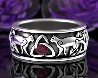 Silver Ruby Cat Ring, Sterling Celtic Cat Wedding Ring, Irish Cat, Scottish Cat, 925 Feline Ring, Ruby Irish Ring, Trinity Knotwork, 3107