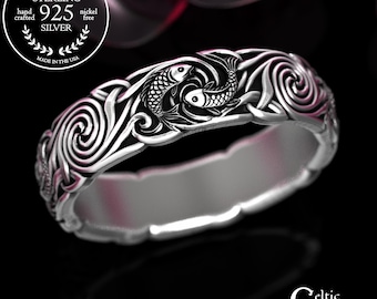 Woman's Koi Wedding Band in Sterling Silver, Japanese Water Fish Ring, Pisces Water Ring, Astrology Sign Ring, Ocean Waves Ring, 2097
