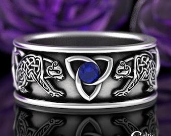 Sapphire Irish Bear Ring, Sterling Mens Viking Wedding Band, Silver Celtic Bear Ring, Norse Wedding Ring, Viking Bear Trinity Knotwork, 3102