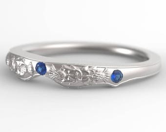 Matching Thistle Ring, Sterling Silver & Sapphire, Scottish Matching Ring, Floral Wedding, Handcrafted Rings, Thistle Engagement Band 1775