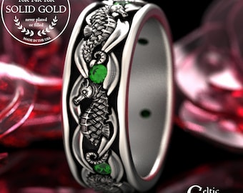 Men's White Gold Seahorse Wedding Band, Emerald & 14K Yellow Gold Ocean Ring, Platinum Groom's Sea Dragon Ring, 18K Men's Anniversary, 2105