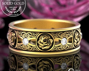 Gold Rose Moissanite Wedding Ring, 10K Celtic Rose Ring, 14k Irish Rose Wedding Band, Diamond Rose Wedding Ring, Gold Scottish Rose, 3045