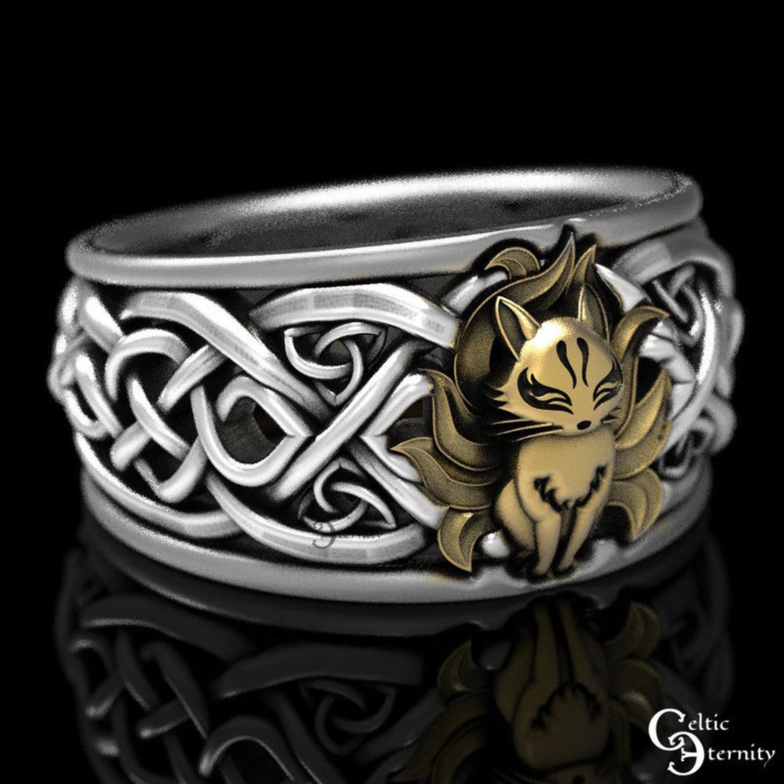 2tone Kitsune Fox Celtic Ring Kitsune Ring Silver & 10K Etsy