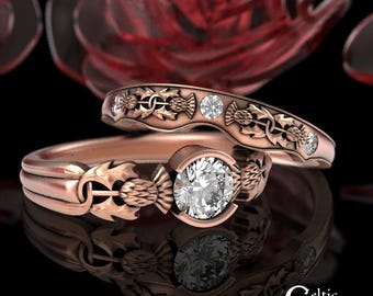 Matching Rose Gold & Moissanite Royal Thistle Rings, Scottish Diamond Wedding Rings, 14K Gold Galway Proposal Marriage Ring Set, 1774 1775