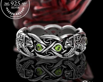 Sterling Silver & Peridot Bear Ring, Bear Soulmate Ring, Celtic Bear Ring, Irish Wedding Band, Celtic Animal Ring, Grizzly Bear Ring, 1682