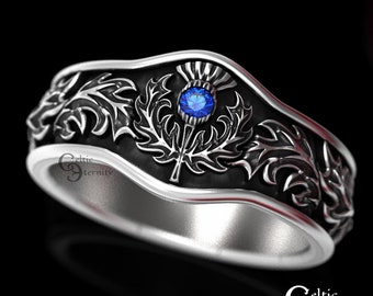 Sapphire Scottish Thistle Ring, Sterling Silver Thistle Ring, Scottish Wedding Ring, Thistle Flower Ring, Celtic Wedding Band, 1765
