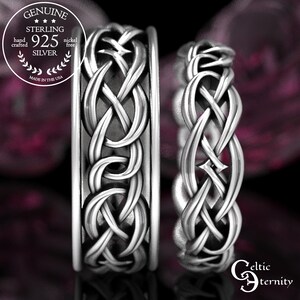 May include: Two sterling silver rings featuring an intricate, raised Celtic knotwork pattern with a dark, oxidized finish. A circular emblem in the corner reads: GENUINE STERLING 925 SILVER hand crafted nickel free MADE IN THE USA.