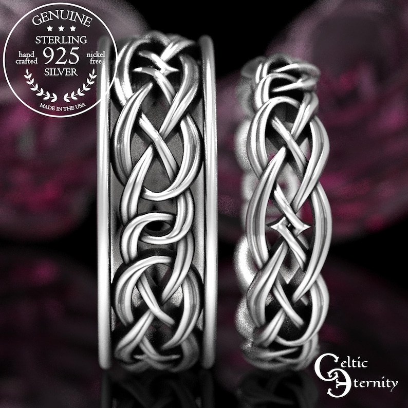 May include: Two sterling silver rings featuring an intricate, raised Celtic knotwork pattern with a dark, oxidized finish. A circular emblem in the corner reads: GENUINE STERLING 925 SILVER hand crafted nickel free MADE IN THE USA.