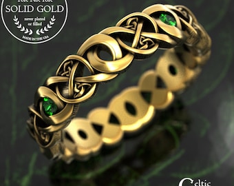 10K Gold Infinity Woven Knotwork Celtic Wedding Ring, 14K & Emerald Scottish Bridal Ring, 18K White Gold Women's Intricate Wedding Band,1986