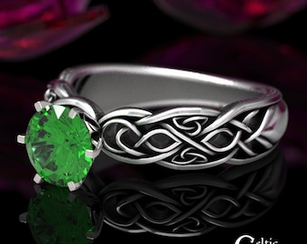 Emerald Engagement Ring, Sterling Celtic Engagement Ring, Silver Celtic Engagement Ring, Emerald Celtic Wedding Ring, Emerald Prong, 1650
