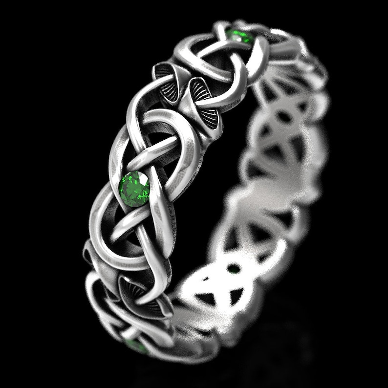 Plant Ring 1371 Eternity Wedding Band Nature Ring Psychedelic Ring Mushroom Ring Mushroom Infinity Ring Sterling Silver with Emeralds