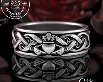 Mens Claddagh Knotwork Ring, Sterling Groom Irish Heart Hands Wedding Band, Silver Traditional Irish Wedding Ring, 925 Mens Wide Band, 3222