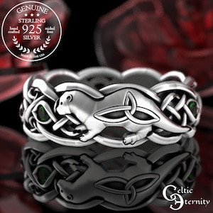 Sterling Silver Otter Wedding Band, Emerald Otter Ring, Celtic Otter Ring, Irish Otter Ring, Otter Wedding Band, Otter Wedding Ring, 3025