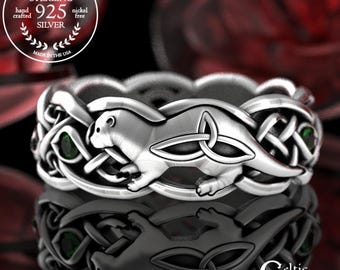 Sterling Silver Otter Wedding Band, Emerald Otter Ring, Celtic Otter Ring, Irish Otter Ring, Otter Wedding Band, Otter Wedding Ring, 3025