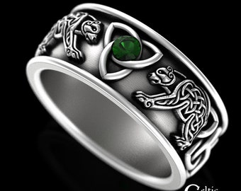 Nordic Bear & Emerald Ring, Sterling Mens Viking Bear Wedding Band, Emerald Silver Celtic Bear Ring, Norse Wedding Ring, Trinity Knot, 3102