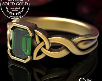 Gold Emerald Celtic Ring, Emerald Cut Engagement Ring, Gold Celtic Engagement Ring, Emerald Engagement Ring, Emerald Platinum Solitaire, 401