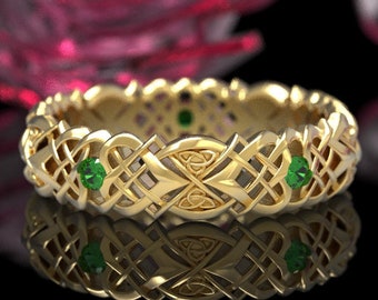 Gold & Emerald Celtic Knot Ring, Heart Knot Gold Wedding Ring, Wedding Love Celtic Band, 10K 14K 18K Platinum, Unique Wedding Band, 1361