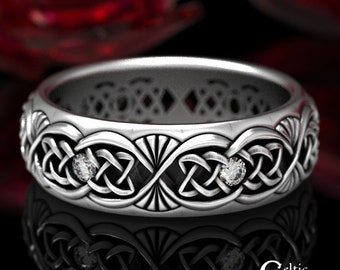 Mens Moissanite & Silver Ring, Celtic Wedding Band, Sterling Silver Wedding Band, Mens Celtic Ring, Silver Mens Ring, Men Wedding Band, 1579