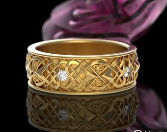 Mens Moissanite Wedding Band, 14K Gold Mens Celtic Ring, 10K Mens Celtic Wedding Ring, Moissanite & Gold Celtic Ring, Mens Gold Ring, 4015